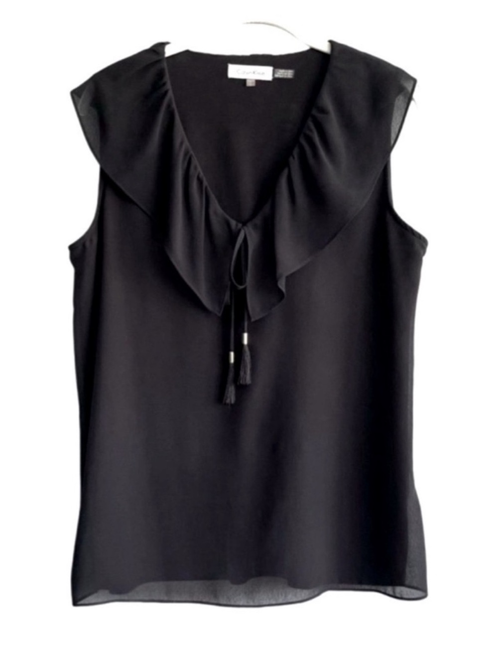 Calvin Klein Sleeveless Blouse Ruffle V-neck Chiffon Overlay Black Size M